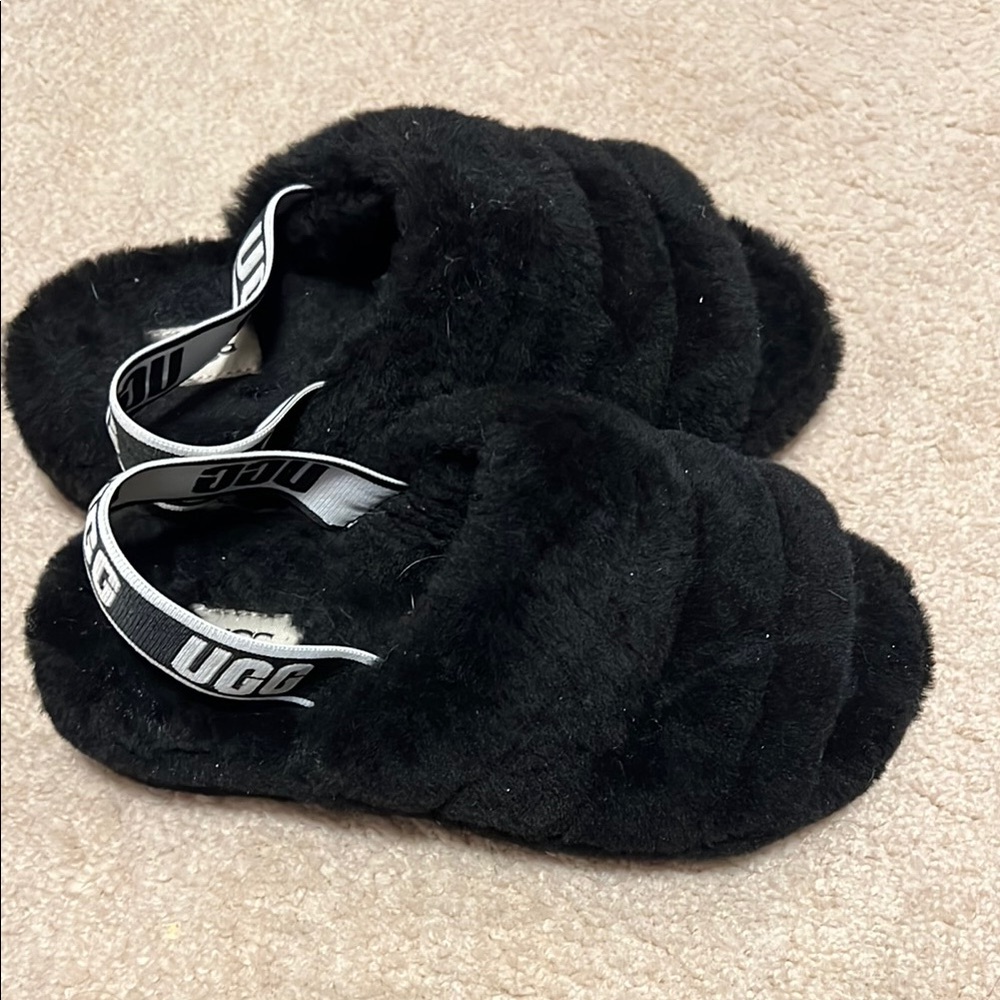 UGG Black Fluffy Slippers